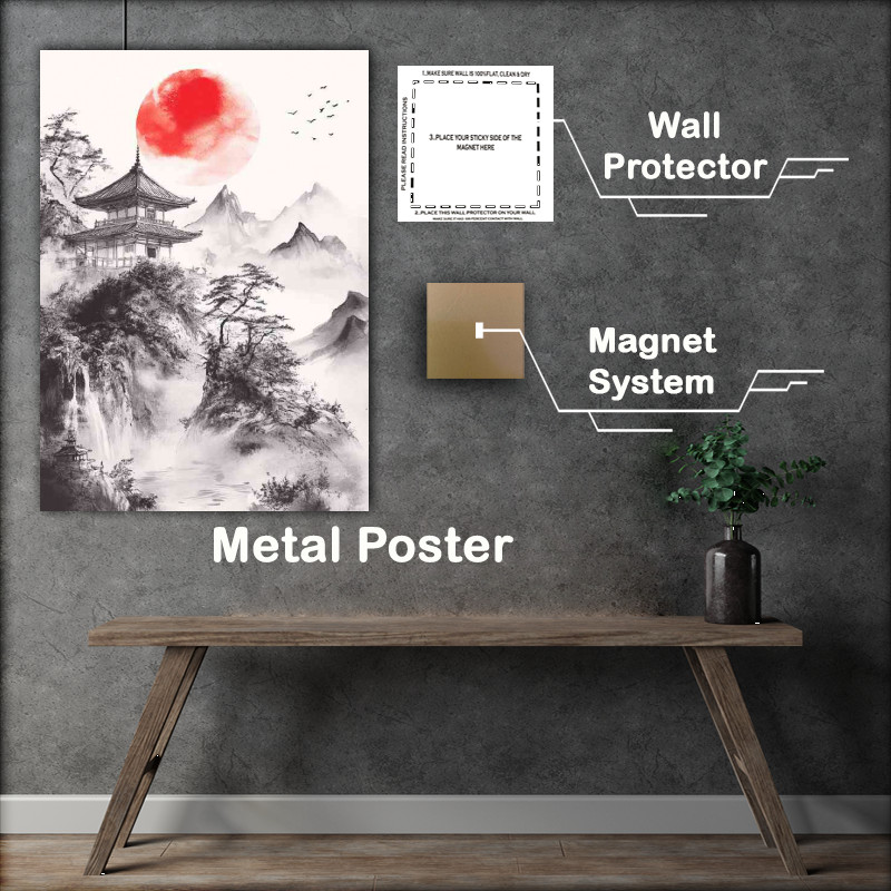 Buy Metal Poster : (Japanese painting of an ancient temple and mist)
