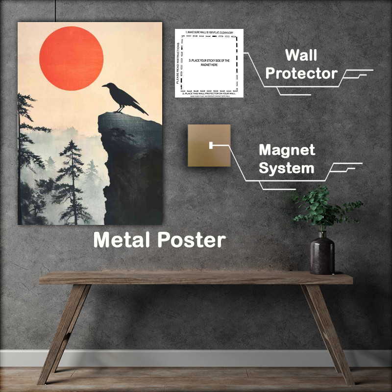Buy Metal Poster : (Japanese style painting of a crow perched on the edge)