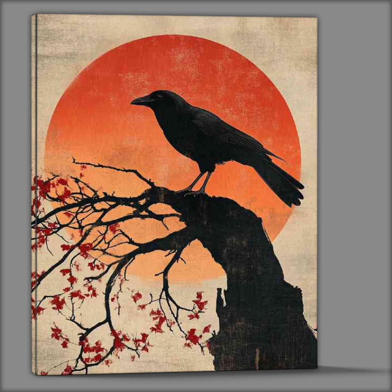 Buy Canvas : (Japanese style painting of a crow sitting on top of a branch)