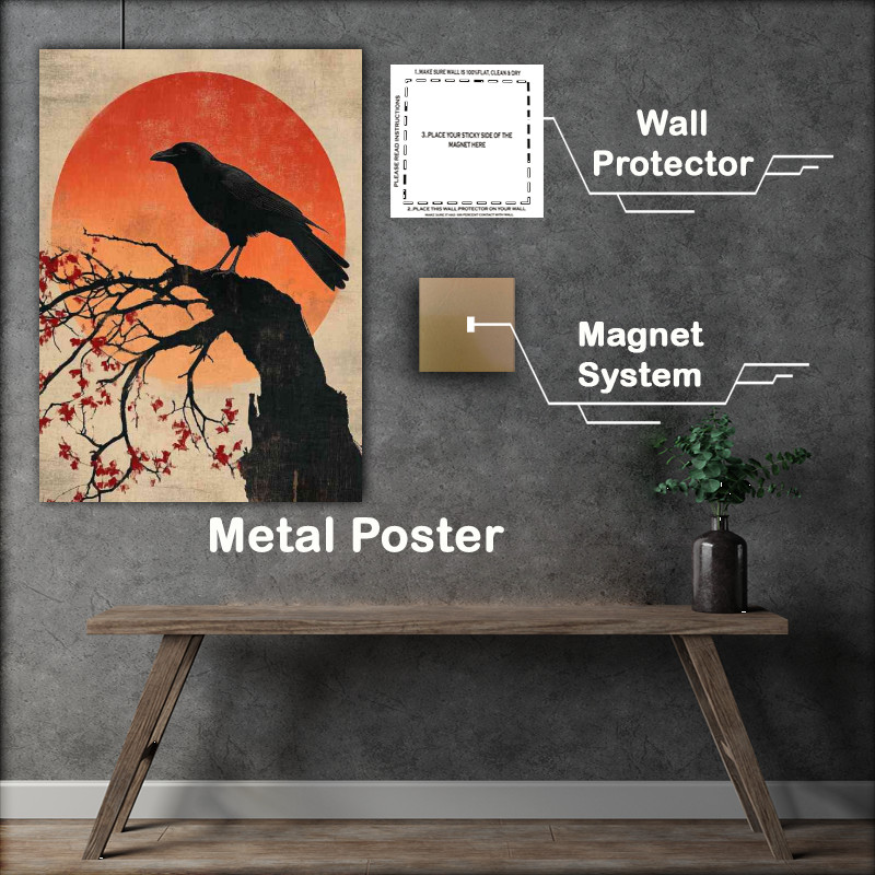 Buy Metal Poster : (Japanese style painting of a crow sitting on top of a branch)
