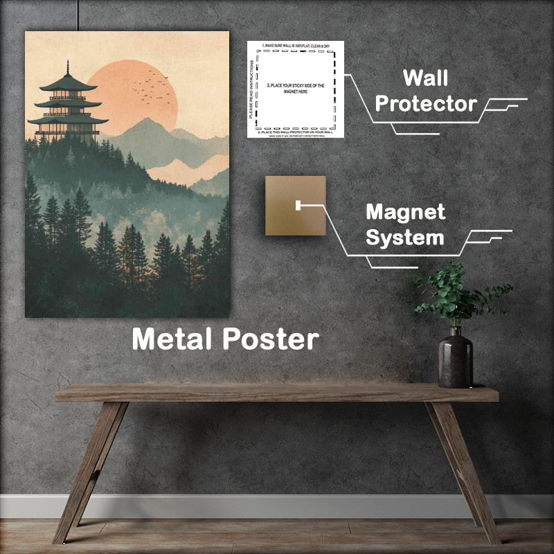 Buy Metal Poster : (Japanese temple landscape with pine trees)