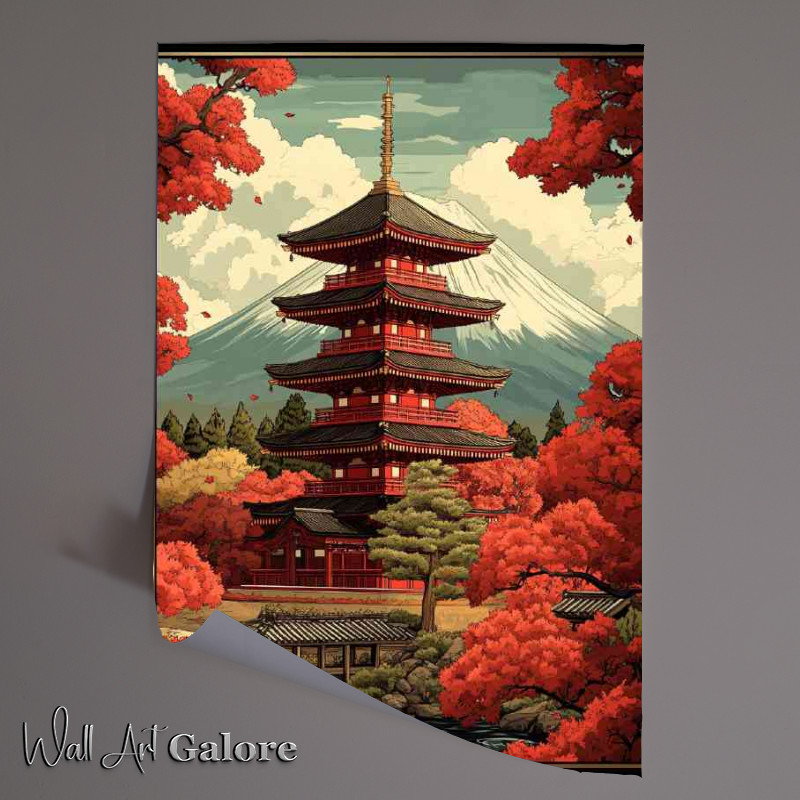 Buy Unframed Poster : (Japanese temple with Mount Fuji in the back)