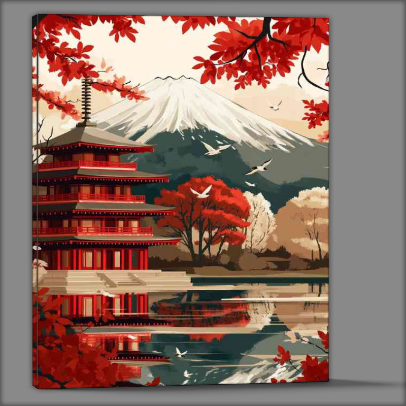 Buy Canvas : (Japanese temple with Mount Fuji in the background flat colours)