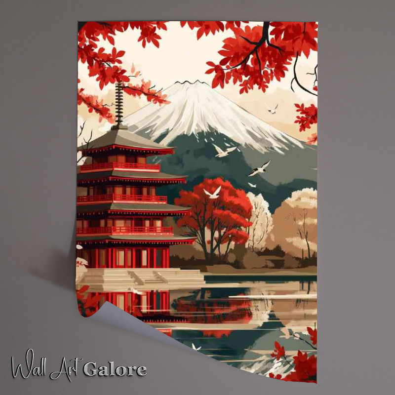 Buy Unframed Poster : (Japanese temple with Mount Fuji in the background flat colours)