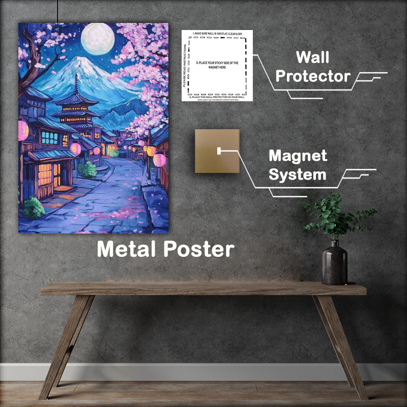 Buy Metal Poster : (Japanese village with the mount fuji and cherry blossoms sakura tree)