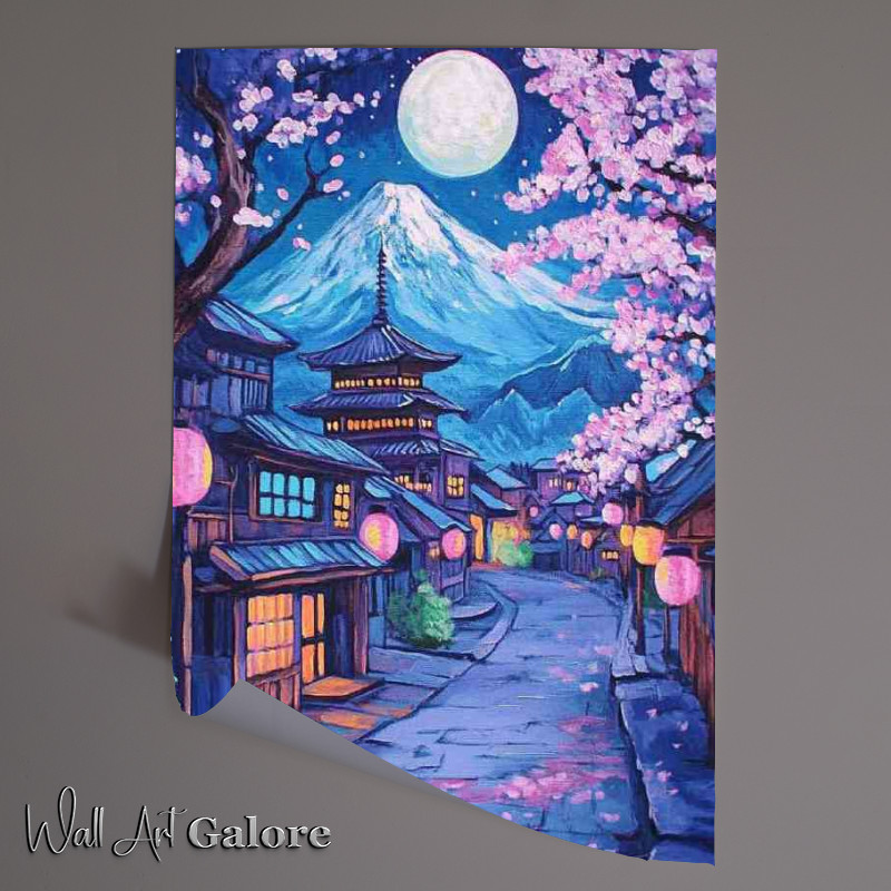 Buy Unframed Poster : (Japanese village with the mount fuji and cherry blossoms sakura tree)