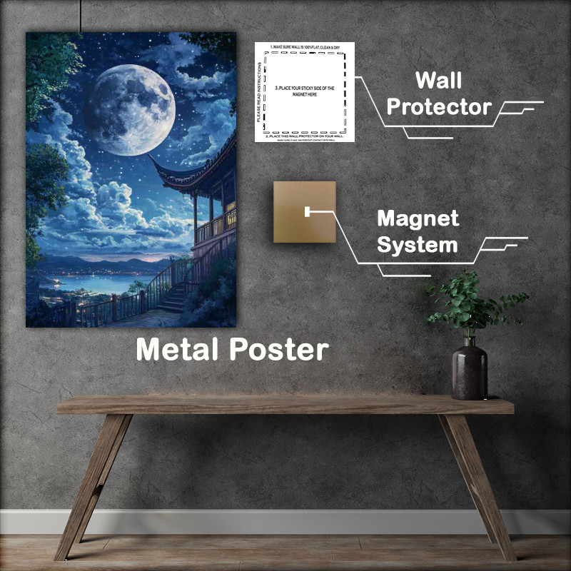 Buy Metal Poster : (Night sky there is an oversized moon hanging)