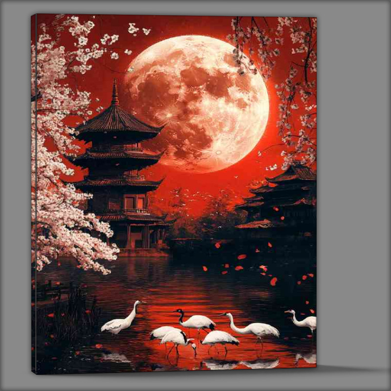 Buy Canvas : (Red moon Japanese pagoda in the background white cranes)