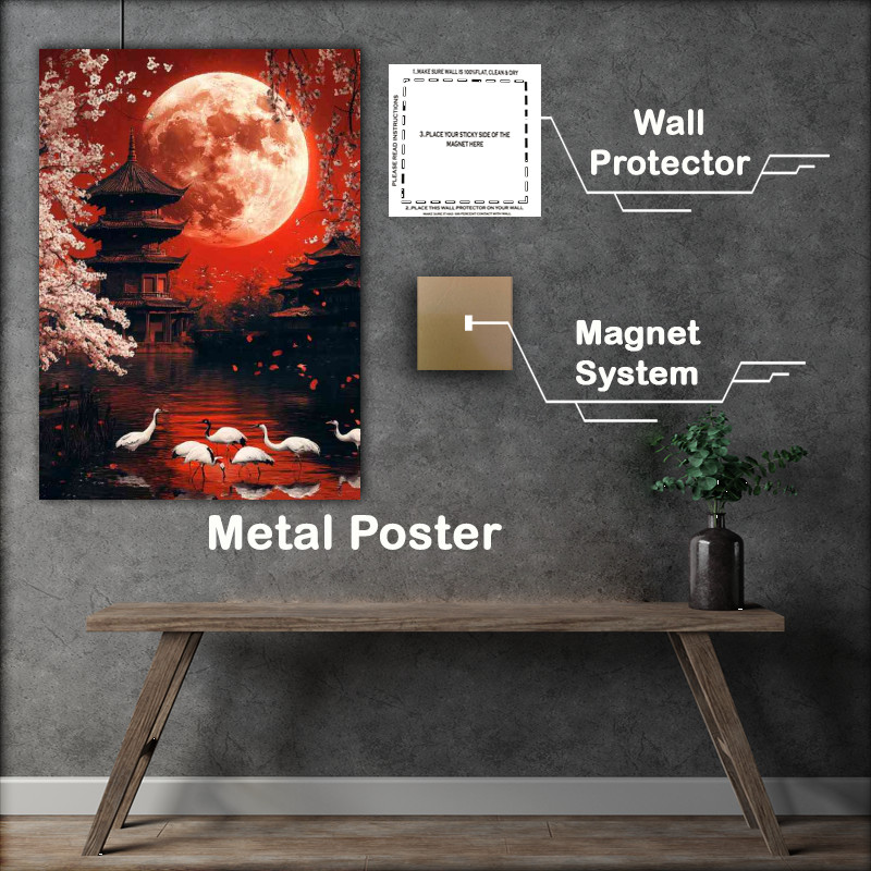 Buy Metal Poster : (Red moon Japanese pagoda in the background white cranes)