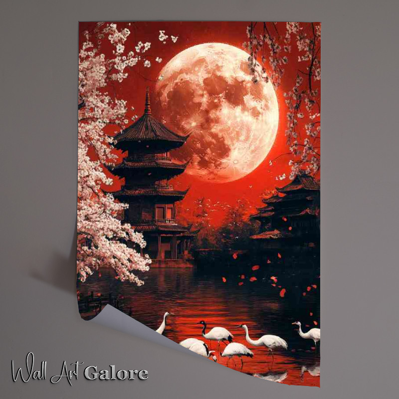 Buy Unframed Poster : (Red moon Japanese pagoda in the background white cranes)