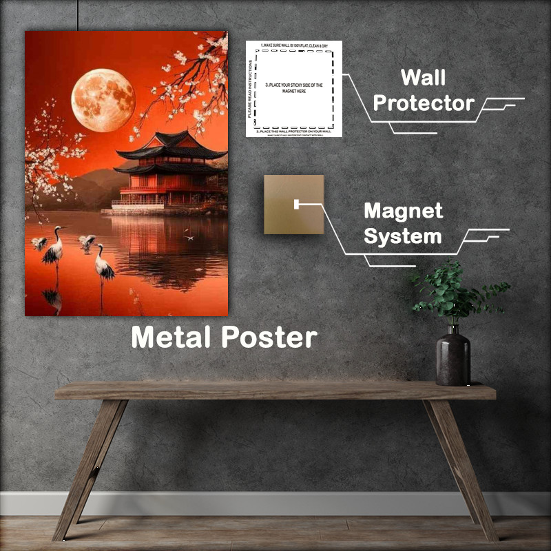 Buy Metal Poster : (Red moon Japanese style architecture)