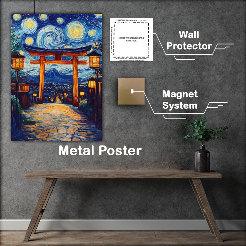 Buy Metal Poster : (Starry night sky in the style of Van Gogh at the tori gate)
