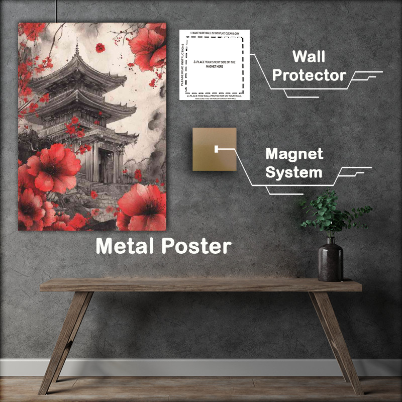 Buy Metal Poster : (Temple in the background surrounded by red flowers)