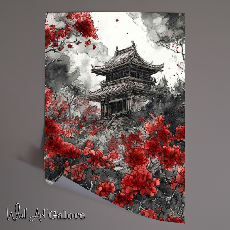 Buy Unframed Poster : (Temple surrounded by red flowers)
