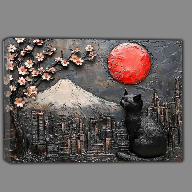 Buy Canvas : (A black cat sits on the wall with Mount Fuji in Japan)
