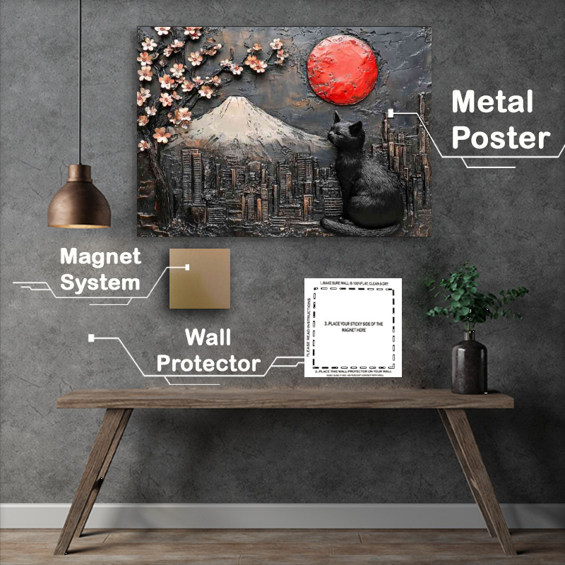 Buy Metal Poster : (A black cat sits on the wall with Mount Fuji in Japan)