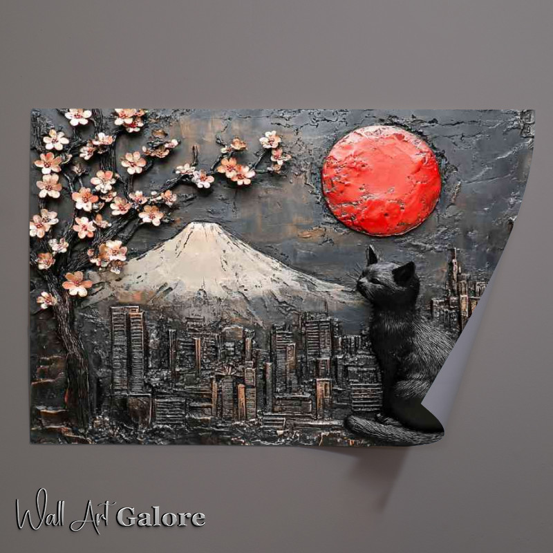 Buy Unframed Poster : (A black cat sits on the wall with Mount Fuji in Japan)