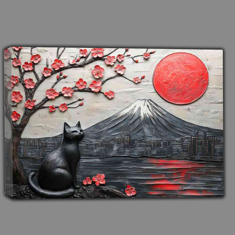 Buy Canvas : (Black cat sits with Mount Fuji in Japan)