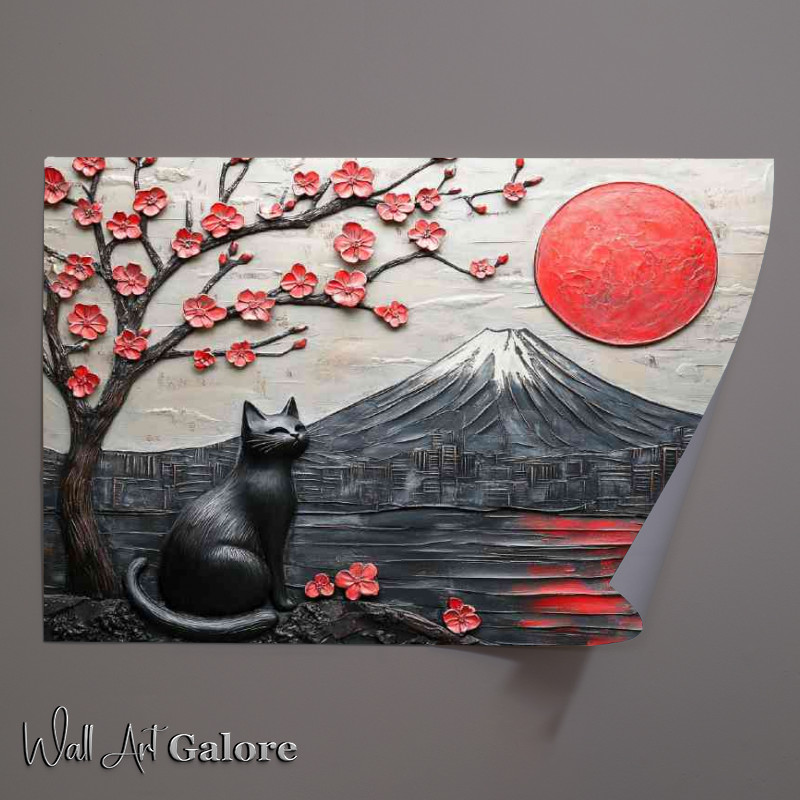 Buy Unframed Poster : (Black cat sits with Mount Fuji in Japan)