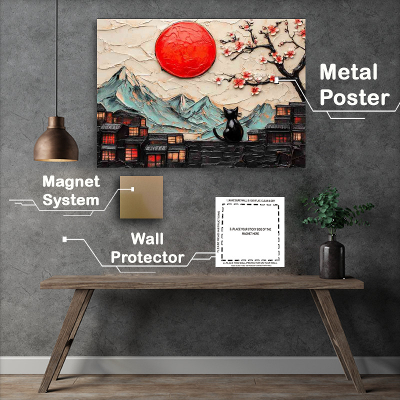 Buy Metal Poster : (Textured painting of the red sun a black cat)
