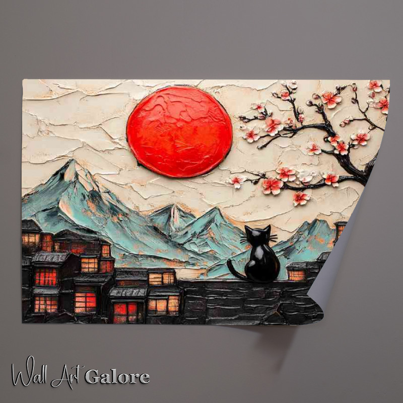Buy Unframed Poster : (Textured painting of the red sun a black cat)