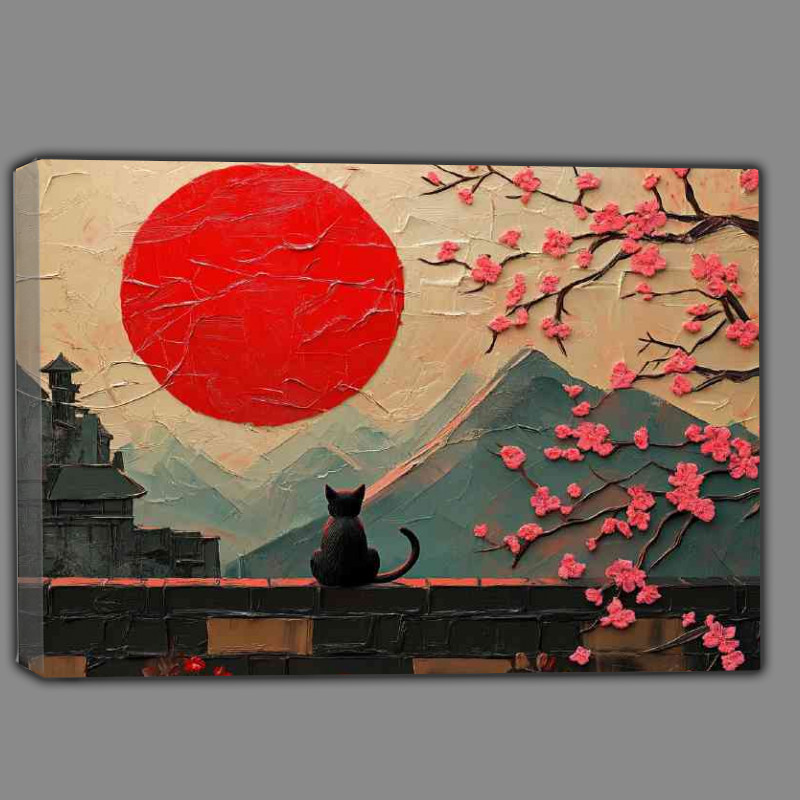 Buy Canvas : (Textured painting of the red sun a black cat japan)