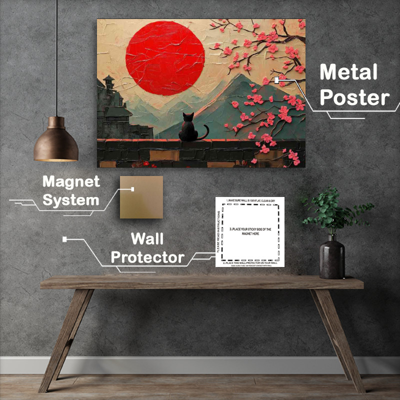 Buy Metal Poster : (Textured painting of the red sun a black cat japan)