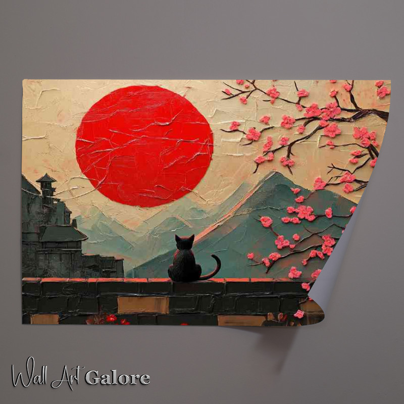 Buy Unframed Poster : (Textured painting of the red sun a black cat japan)