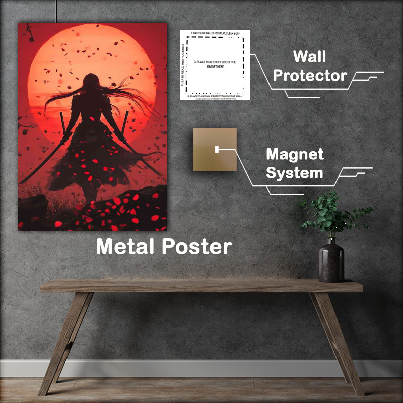 Buy Metal Poster : (Stunning beauty is holding two swords in the distance red leaves)