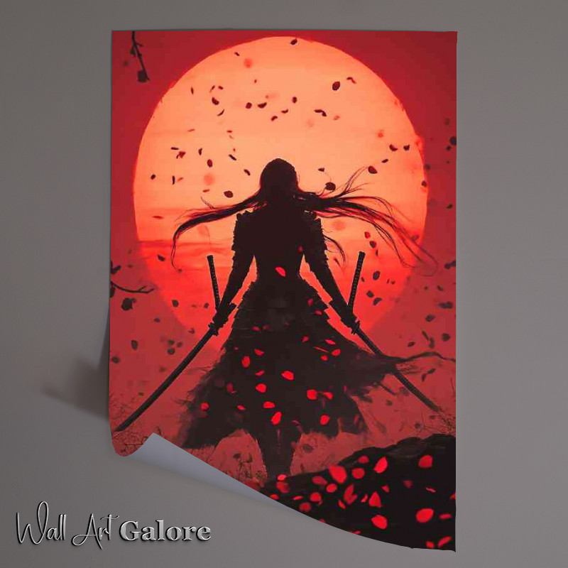 Buy Unframed Poster : (Stunning beauty is holding two swords in the distance red leaves)