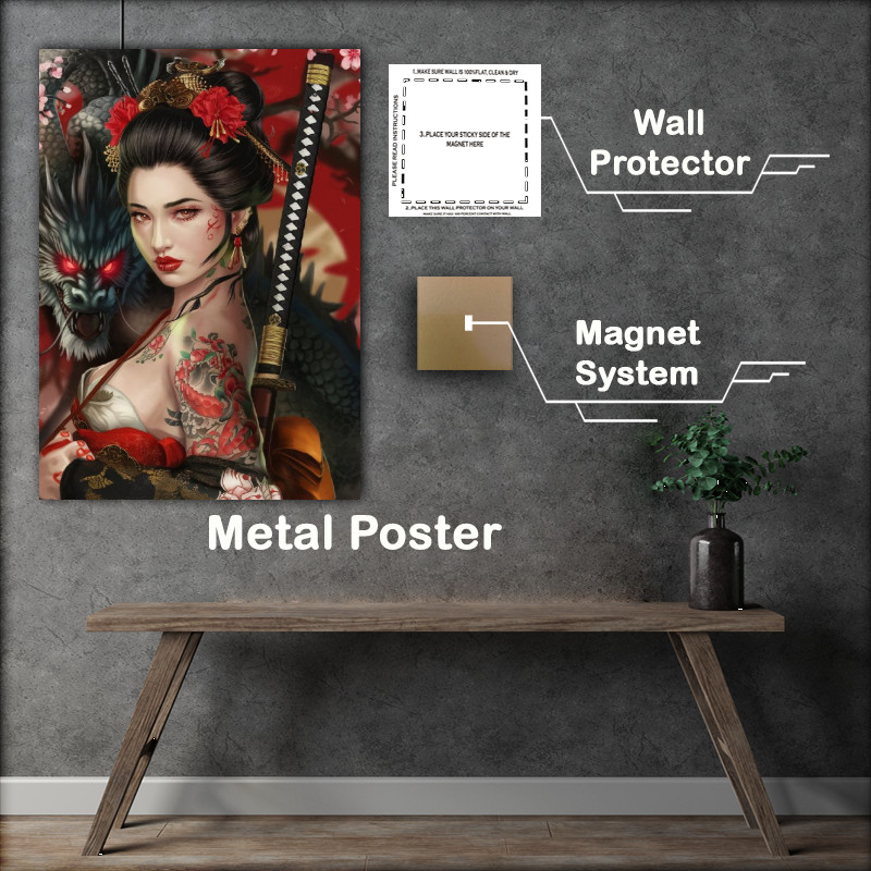 Buy Metal Poster : (Woman adorned in traditional japanese attire holding sword)