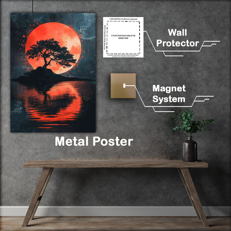 Buy Metal Poster : (Japanese landscape dark fantasy art style colorful red moon)