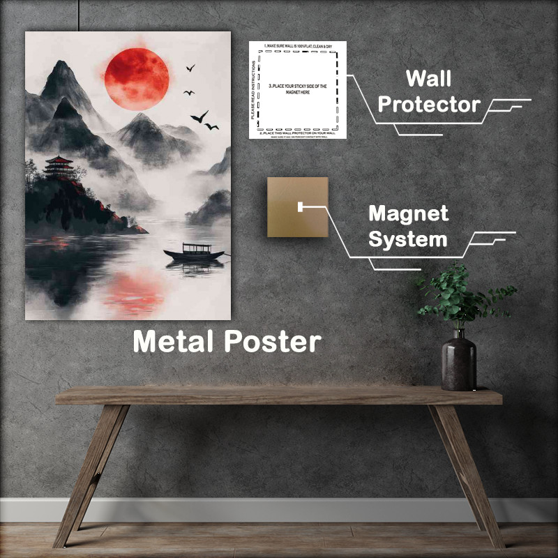 Buy Metal Poster : (Japanese landscape with mountains boat and temple)