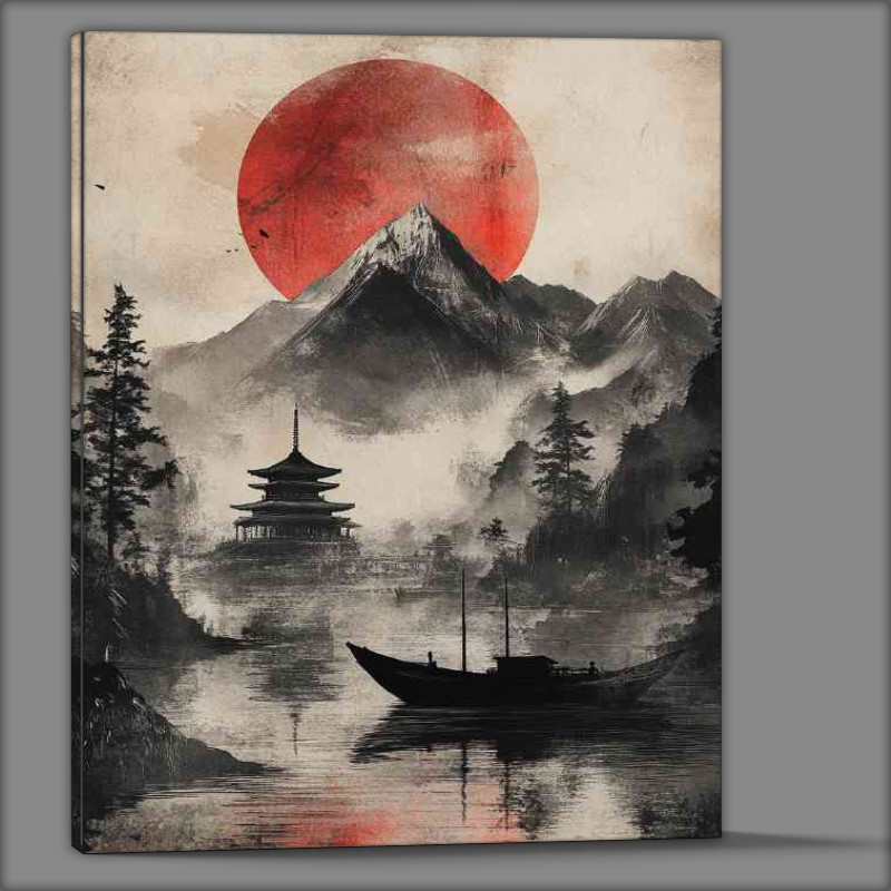 Buy Canvas : (Japanese landscape with mountains red sun and a black inked)