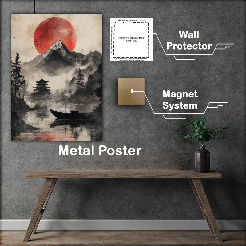 Buy Metal Poster : (Japanese landscape with mountains red sun and a black inked)