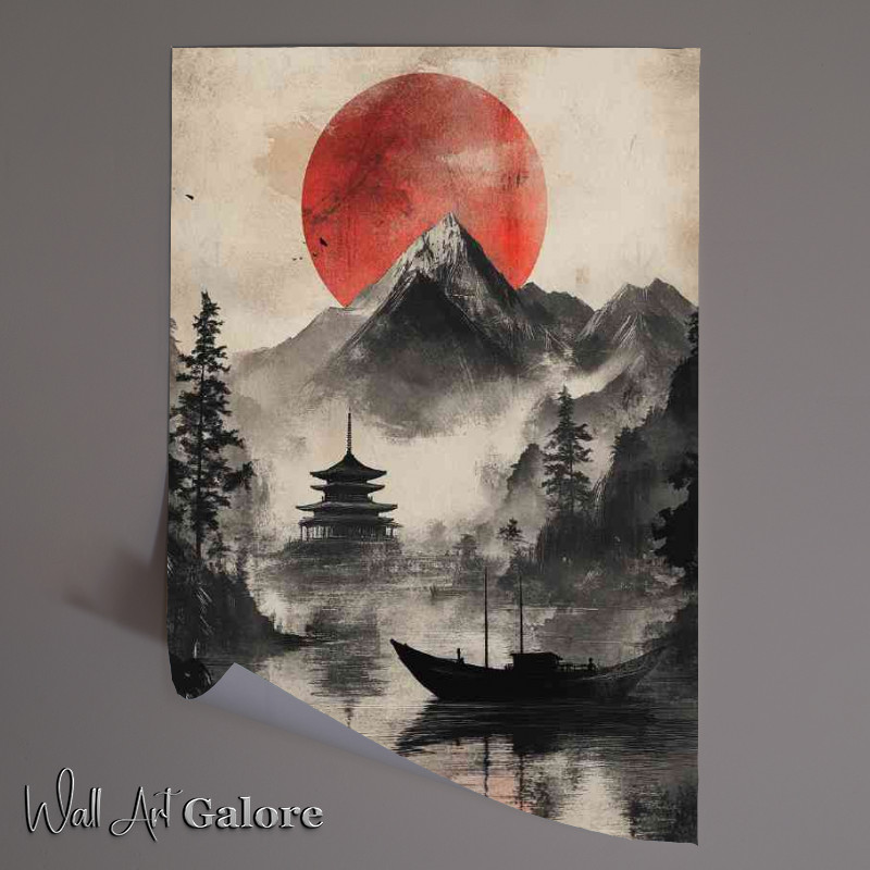 Buy Unframed Poster : (Japanese landscape with mountains red sun and a black inked)
