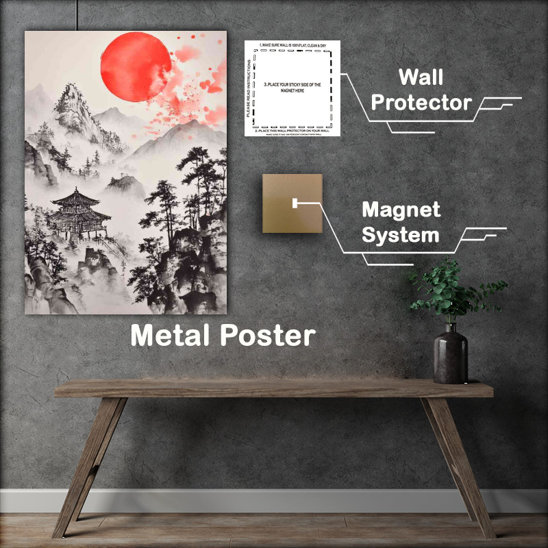 Buy Metal Poster : (Japanese painting depicting mountains with red sun)
