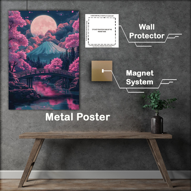 Buy Metal Poster : (Japanese scenery bridge over river with sakura tree)