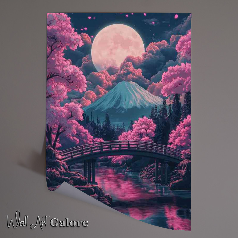 Buy Unframed Poster : (Japanese scenery bridge over river with sakura tree)