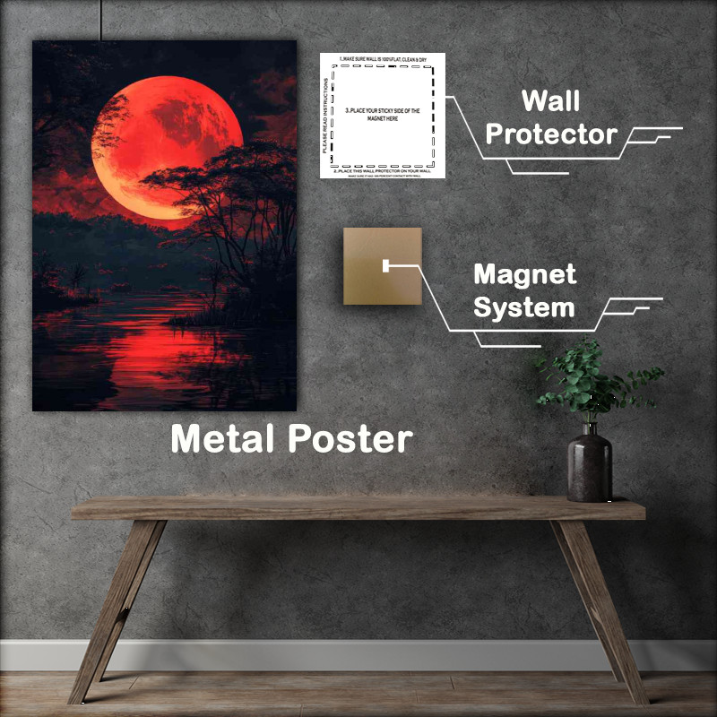 Buy Metal Poster : (Red moon black sky Japanese landscape dark fantasy)