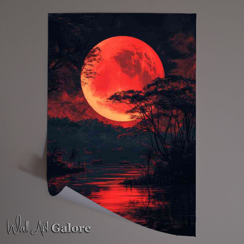 Buy Unframed Poster : (Red moon black sky Japanese landscape dark fantasy)