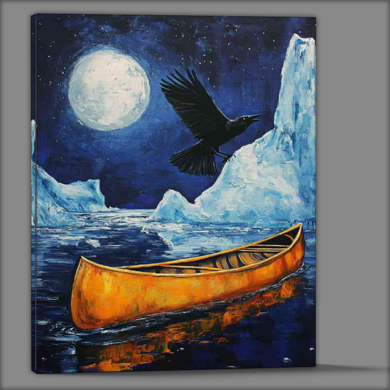 Buy Canvas : (Canoe floating on the water under which there is an black crow)
