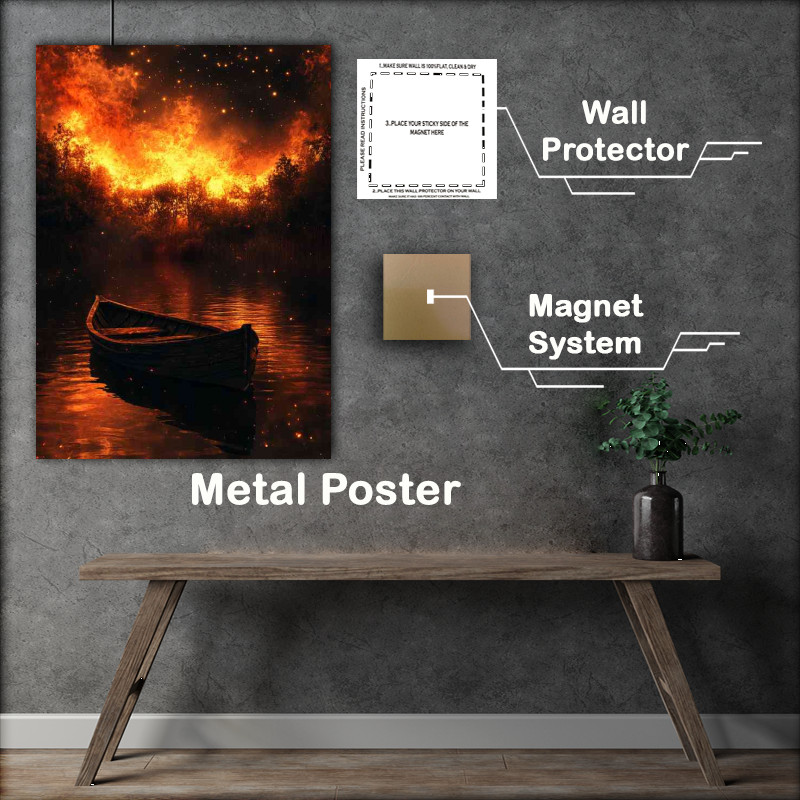 Buy Metal Poster : (Small wooden boat on the river the reflection of the burning fire)
