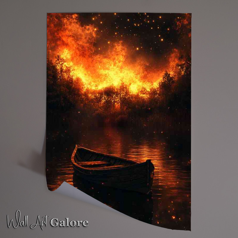 Buy Unframed Poster : (Small wooden boat on the river the reflection of the burning fire)