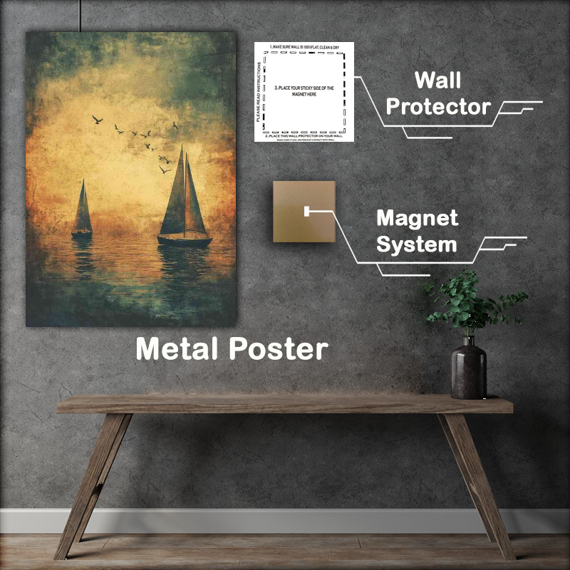 Buy Metal Poster : (Two sailboats on the water with birds flying)
