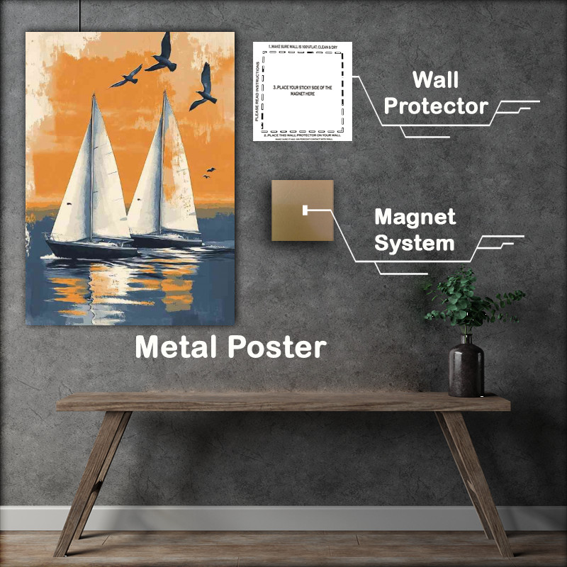 Buy Metal Poster : (Two sailboats on the water with birds flying overhead)
