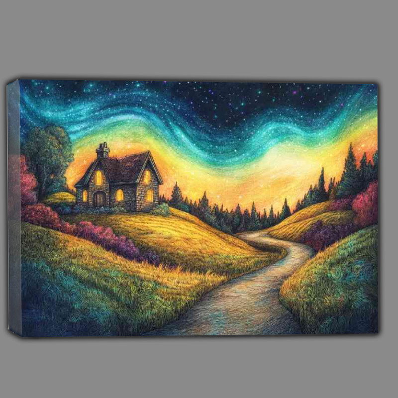 Buy Canvas : (A beautiful pencil drawing of an old English cottage night skies)