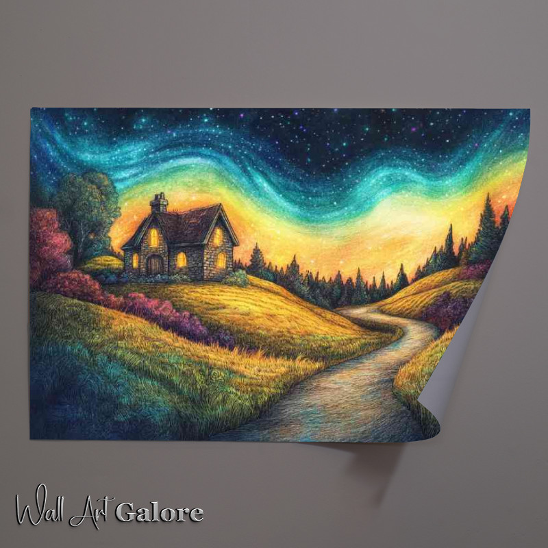 Buy Unframed Poster : (A beautiful pencil drawing of an old English cottage night skies)