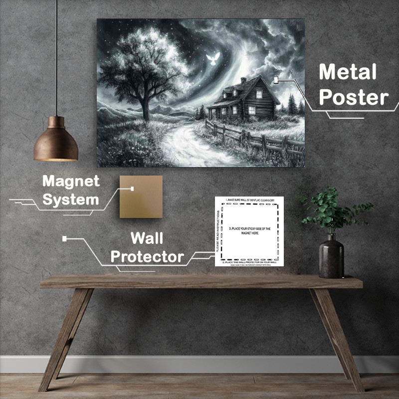 Buy Metal Poster : (A beautiful pencil drawing of an old cottage)