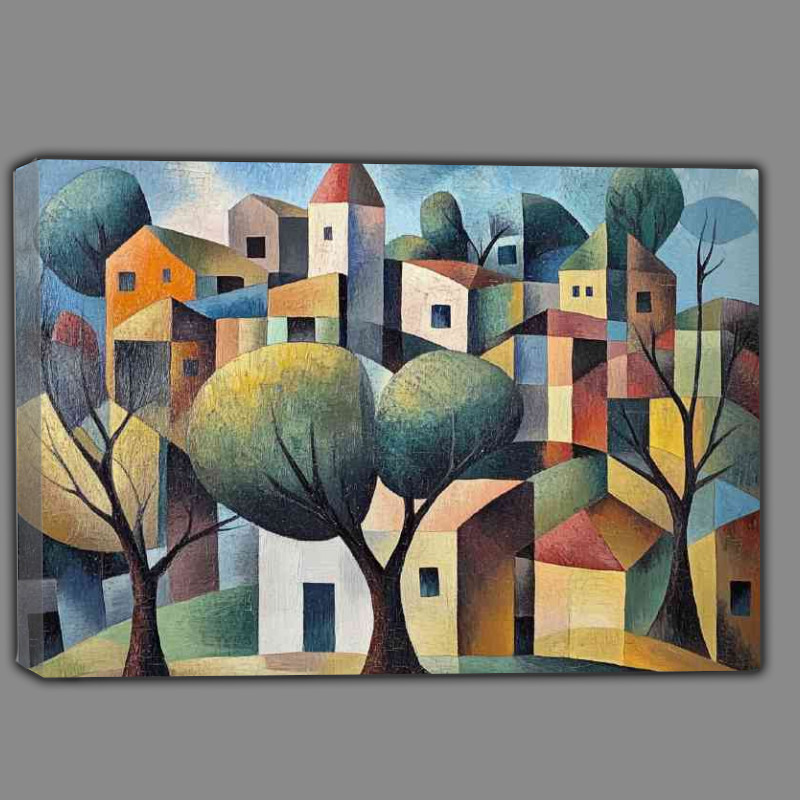 Buy Canvas : (A cubist painting of a small town with trees and buildings)
